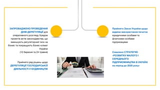 ЗАПРОВАДЖЕНО ПРОВЕДЕННЯ
ДНІВ ДЕРЕГУЛЯЦІЇ для
оперативного розгляду Урядом
проектів актів законодавства, що
зменшують регуляторний тиск на
бізнес та покращують бізнес-клімат
України
(10 березня та 24 травня)
Прийнято ряд рішень щодо
ДЕРЕГУЛЯЦІЇ ГОСПОДАРСЬКОЇ
ДІЯЛЬНОСТІ У БУДІВНИЦТВІ
Прийнято Закон України щодо
відміни використання печаток
юридичними особами та
фізичними-особами
підприємцями
Схвалено СТРАТЕГІЮ
«РОЗВИТКУ МАЛОГО І
СЕРЕДНЬОГО
ПІДПРИЄМНИЦТВА В УКРАЇНІ
на період до 2020 року»
 