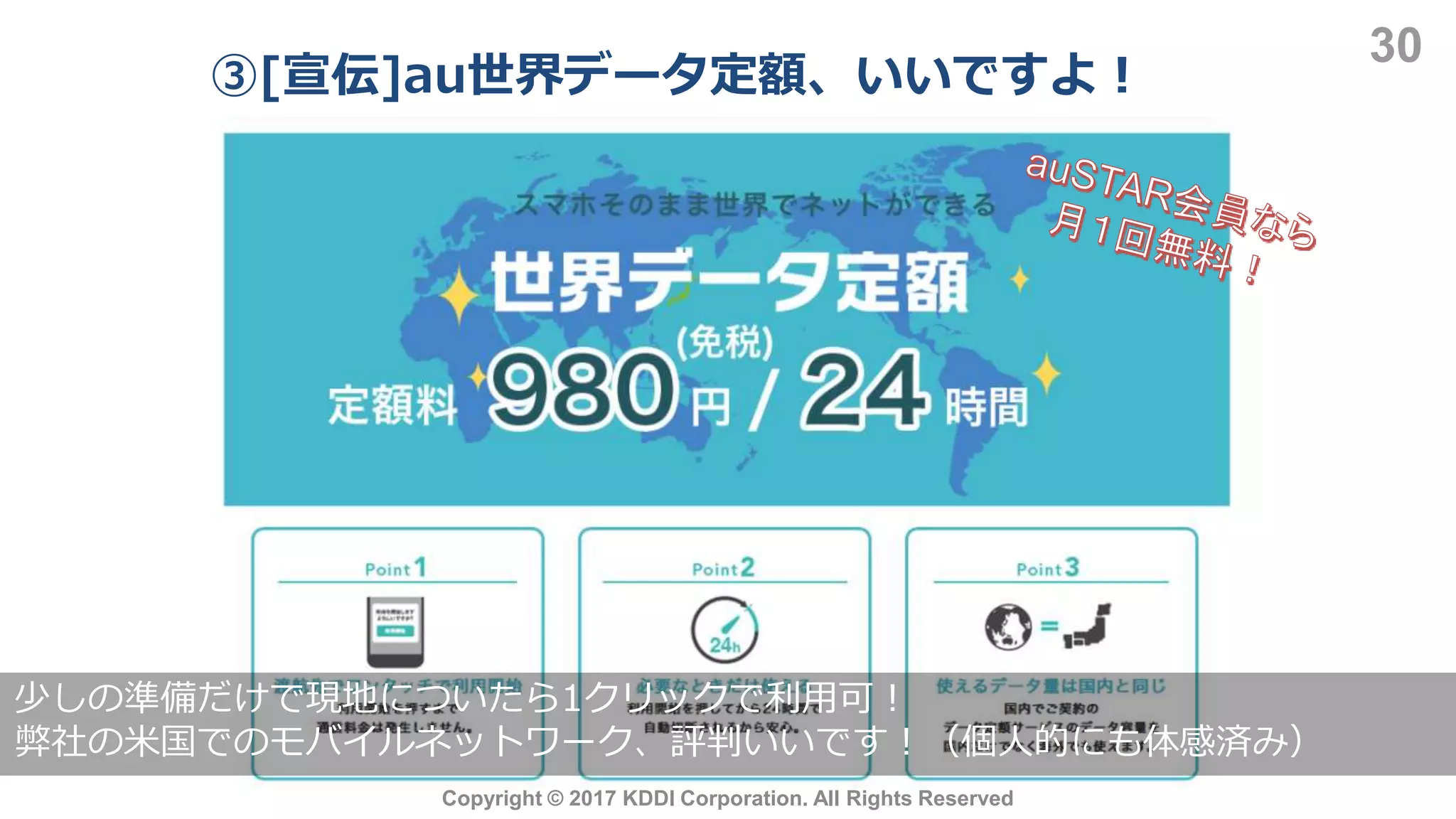 ③[宣伝]au世界データ定額、いいですよ！
30
Copyright © 2017 KDDI Corporation. All Rights Reserved
少しの準備だけで現地についたら1クリックで利用可！
弊社の米国でのモバイルネットワーク、評判いいです！（個人的にも体感済み）
 