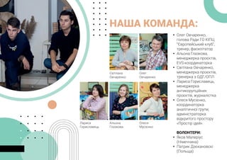 НАША КОМАНДА:
	
y Олег Овчаренко,
голова Ради ГО КІПЦ
“Європейський клуб”,
тренер, фасилітатор
	
y Альона Глазкова,
менеджерка проєктів,
EVS-координаторка
	
y Світлана Овчаренко,
менеджерка проєктів,
тренерка з ОДГ/ОПЛ
	
y Лариса Гориславець,
менеджерка
антикорупційних
проєктів, журналістка
	
y Олеся Мусієнко,
координаторка
аналітичної групи,
адміністраторка
відкритого простору
«Простір ідей».
ВОЛОНТЕРИ:
	
y Яков Малеріус
(Німеччина)
	
y Патрик Дзєкановскі
(Польща)
Олег
Овчаренко
Олеся
Мусієнко
Світлана
Овчаренко
Альона
Глазкова
Лариса
Гориславець
 