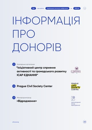 36
про роботу 2023 рік
за
Звіт Українського інституту майбутнього
uifuture.org
ІНФОРМАЦІЯ
ПРО
ДОНОРІВ
Громадська організація
“Ініціативний центр сприяння
активності та громадського розвитку
ІСАР ЄДНАННЯ”
Prague Civil Society Center
Міжнародний фонд
«Відродження»
01
02
03
 
