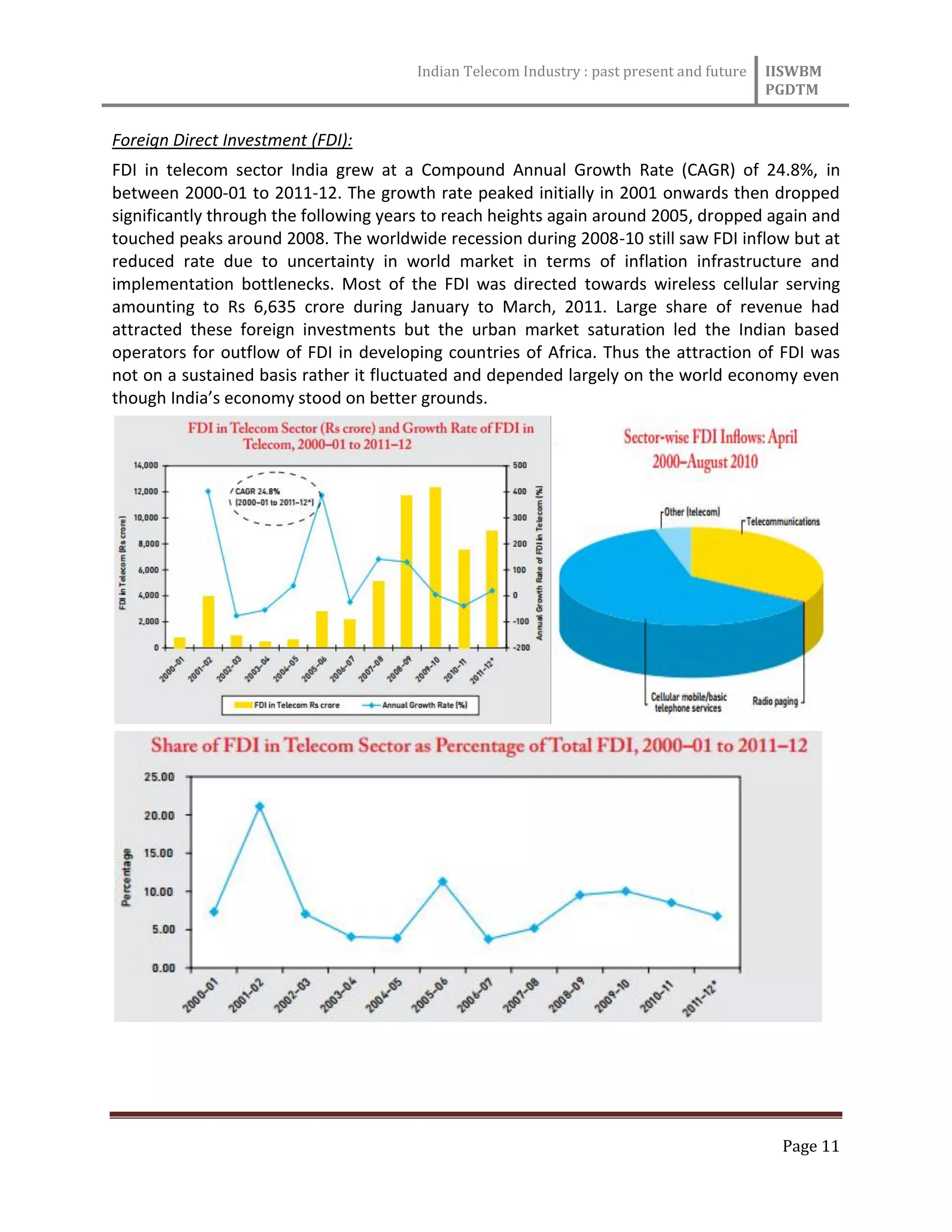 Indian Telecom Industry : past present and future IISWBM
PGDTM
Page 11
Foreign Direct Investment (FDI):
FDI in telecom sector India grew at a Compound Annual Growth Rate (CAGR) of 24.8%, in
between 2000-01 to 2011-12. The growth rate peaked initially in 2001 onwards then dropped
significantly through the following years to reach heights again around 2005, dropped again and
touched peaks around 2008. The worldwide recession during 2008-10 still saw FDI inflow but at
reduced rate due to uncertainty in world market in terms of inflation infrastructure and
implementation bottlenecks. Most of the FDI was directed towards wireless cellular serving
amounting to Rs 6,635 crore during January to March, 2011. Large share of revenue had
attracted these foreign investments but the urban market saturation led the Indian based
operators for outflow of FDI in developing countries of Africa. Thus the attraction of FDI was
not on a sustained basis rather it fluctuated and depended largely on the world economy even
though India’s economy stood on better grounds.
 