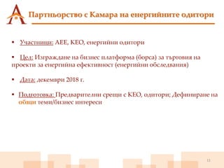 11
 Участници: АЕЕ, КЕО, енергийни одитори
 Цел: Изграждане на бизнес платформа (борса) за търговия на
проекти за енергийна ефективност (енергийни обследвания)
 Дата: декември 2018 г.
 Подготовка: Предварителни срещи с КЕО, одитори; Дефиниране на
общи теми/бизнес интереси
Партньорство с Камара на енергийните одитори
 
