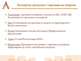 Експертна дискусия с търговци на енергия
4
 Участници: търговци на енергия, членове на АЕЕ, АУЕР, МЕ,
Асоциация на търговците на енергия
 Цел: Установяване на практика и модели за партньорство |
Бизнес насоченост
 Разни: Отразяване в медии; Кетъринг; Професионална
организация
 Срок: 31 май/30 септември 2018 г.
 Подготовка: Предварителни срещи с търговци на енергия;
Дефиниране на общи теми/бизнес интереси
 