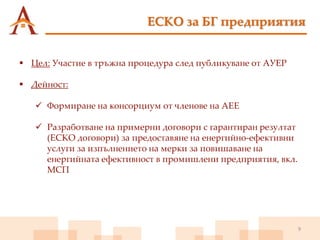 9
ЕСКО за БГ предприятия
 Цел: Участие в тръжна процедура след публикуване от АУЕР
 Дейност:
 Формиране на консорциум от членове на АЕЕ
 Разработване на примерни договори с гарантиран резултат
(ЕСКО договори) за предоставяне на енергийно-ефективни
услуги за изпълнението на мерки за повишаване на
енергийната ефективност в промишлени предприятия, вкл.
МСП
 