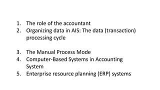 1. The role of the accountant
2. Organizing data in AIS: The data (transaction)
processing cycle
3. The Manual Process Mode
4. Computer-Based Systems in Accounting
System
5. Enterprise resource planning (ERP) systems
 