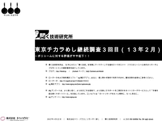 そとめし生活ラボ




           東京チカラめし継続調査３回目（１３年２月）
           ～ボリュームに対する評価がやや低下！！


               聞く技術研究所は、 30 年にわたり「聞く技術」を背景にマーケティング支援を行ってきたドゥ・ハウスのソーシャル時代のリサーチと

                 プロモーションの最新事例を紹介しています。
               ブログ｜ http://kikulab.jp 　／　 Facebook ページ｜ https://facebook.com/kikulab


               ローデータおよび無料集計ソフト「 my 集計アプリ」は法人・個人問わず無料で利用できます。属性別等の結果もご参考ください。
               ローデータ： http://e3.enqweb.net/up/t13/kikulab/130422
               my 集計アプリ： http://www.myenq.com/service/application.php


               My アンケートは、より使い易く、よりお手ごろな価格で、より充実したサポートをご提供するネットリサーチサービスとして「市場を

                 読み解くサポートツール」を目指しています。コンセプトは「ネットリサーチをもっと簡単に、もっと身近に」
               my アンケート｜ http://www.myenq.com




               2013 年 4 月 22 日　／　株式会社ドゥ・ハウス（リサーチ１部）　／　聞く技術研究所　／　 (c) 2013 DO HOUSE Inc. All rights reserved.
 