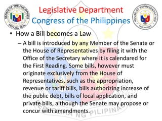 Legislative Department
Congress of the Philippines
• How a Bill becomes a Law
– A bill is introduced by any Member of the Senate or
the House of Representatives by filing it with the
Office of the Secretary where it is calendared for
the First Reading. Some bills, however must
originate exclusively from the House of
Representatives, such as the appropriation,
revenue or tariff bills, bills authorizing increase of
the public debt, bills of local application, and
private bills, although the Senate may propose or
concur with amendments.
 