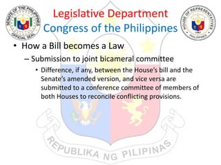 Legislative Department
Congress of the Philippines
• How a Bill becomes a Law
– Submission to joint bicameral committee
• Difference, if any, between the House’s bill and the
Senate’s amended version, and vice versa are
submitted to a conference committee of members of
both Houses to reconcile conflicting provisions.
 