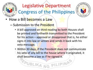 Legislative Department
Congress of the Philippines
• How a Bill becomes a Law
– Submission to the President
• A bill approved on third reading by both Houses shall
be printed and forthwith transmitted to the President
for his action – approval or disapproval that is, he either
signs it into law or vetoes and sends it back with his
veto message.
• Within 30 days, if the President does not communicate
his veto of any bill to the house where it originated, it
shall become a law as if he signed it.
 