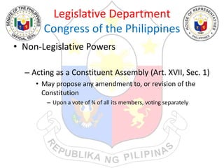 Legislative Department
Congress of the Philippines
• Non-Legislative Powers
– Acting as a Constituent Assembly (Art. XVII, Sec. 1)
• May propose any amendment to, or revision of the
Constitution
– Upon a vote of ¾ of all its members, voting separately
 