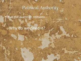 Political Authority
• But the question remains…
Why do we need it?
 