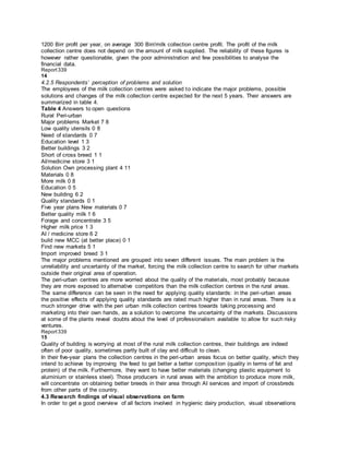 1200 Birr profit per year, on average 300 Birr/milk collection centre profit. The profit of the milk
collection centre does not depend on the amount of milk supplied. The reliability of these figures is
however rather questionable, given the poor administration and few possibilities to analyse the
financial data.
Report339
14
4.2.5 Respondents’ perception of problems and solution
The employees of the milk collection centres were asked to indicate the major problems, possible
solutions and changes of the milk collection centre expected for the next 5 years. Their answers are
summarized in table 4.
Table 4 Answers to open questions
Rural Peri-urban
Major problems Market 7 8
Low quality utensils 0 8
Need of standards 0 7
Education level 1 3
Better buildings 3 2
Short of cross breed 1 1
AI/medicine store 3 1
Solution Own processing plant 4 11
Materials 0 8
More milk 0 8
Education 0 5
New building 6 2
Quality standards 0 1
Five year plans New materials 0 7
Better quality milk 1 6
Forage and concentrate 3 5
Higher milk price 1 3
AI / medicine store 6 2
build new MCC (at better place) 0 1
Find new markets 5 1
Import improved breed 3 1
The major problems mentioned are grouped into seven different issues. The main problem is the
unreliability and uncertainty of the market, forcing the milk collection centre to search for other markets
outside their original area of operation.
The peri-urban centres are more worried about the quality of the materials, most probably because
they are more exposed to alternative competitors than the milk collection centres in the rural areas.
The same difference can be seen in the need for applying quality standards: in the peri-urban areas
the positive effects of applying quality standards are rated much higher than in rural areas. There is a
much stronger drive with the peri urban milk collection centres towards taking processing and
marketing into their own hands, as a solution to overcome the uncertainty of the markets. Discussions
at some of the plants reveal doubts about the level of professionalism available to allow for such risky
ventures.
Report339
15
Quality of building is worrying at most of the rural milk collection centres, their buildings are indeed
often of poor quality, sometimes partly built of clay and difficult to clean.
In their five-year plans the collection centres in the peri-urban areas focus on better quality, which they
intend to achieve by improving the feed to get better a better composition (quality in terms of fat and
protein) of the milk. Furthermore, they want to have better materials (changing plastic equipment to
aluminium or stainless steel). Those producers in rural areas with the ambition to produce more milk,
will concentrate on obtaining better breeds in their area through AI services and import of crossbreds
from other parts of the country.
4.3 Research findings of visual observations on farm
In order to get a good overview of all factors involved in hygienic dairy production, visual observations
 