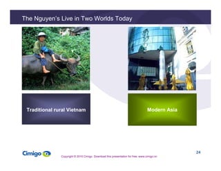 24 
The Nguyen’s Live in Two Worlds Today 
Traditional rural Vietnam Modern Asia 
Copyright © 2010 Cimigo Download this pr...