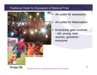 An outlet for expression 
 An outlet for Nationalism 
 Everybody gets involved 
- old, young, men, 
women, grandma - 
ever...