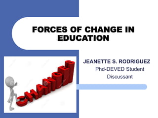 FORCES OF CHANGE IN
EDUCATION
JEANETTE S. RODRIGUEZ
Phd-DEVED Student
Discussant
 