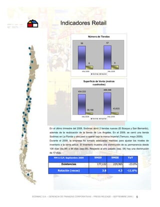 Indicadores Retail

                                                     Número de Tiendas

                                            56                                57




                                                     8                                9


                                             Año 2008                          Año 2009
                                                         Sodimac   Imperial



                                                 Superficie de Venta (metros
                                                         cuadrados)

                                                                       489,398
                                          454,533




                                                                                    43,633
                                                    39,166


                                             Año 2008                         Año 2009
                                                         Sodimac   Imperial




              En el último trimestre del 2008, Sodimac abrió 2 tiendas nuevas (El Bosque y San Bernardo),
              además de la reubicación de la tienda de Los Angeles. En el 2009, se cerró una tienda
              Sodimac en La Florida y otra pasó a operar bajo la marca Imperial (Temuco, mayo 2009).
              Durante el 2009, la empresa ha tomado adecuadas medidas para ajustar los niveles de
              inventario a la venta actual. El inventario muestra una disminución de su permanencia desde
              108 días (dic.08) a 84 días (sep.09). Respecto al año pasado (sep. 08) hay una disminución
              de 17 días.

                  MM $ CLP, Septiembre 2009                  9M09                  9M08         YoY

                            Existencias                       177,132                229,965    -23.0%

                     Rotación (veces)                               3.8                   4.3   -11.6%




SODIMAC S.A. – GERENCIA DE FINANZAS CORPORATIVAS – PRESS RELEASE – SEPTIEMBRE 2009 |                  5
 