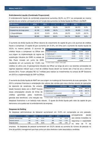 RESULTADO 3T11                                                                                                                                           PÁGINA 5




Endividamento Líquido (Combinado Proporcional)
O endividamento líquido do combinado proporcional aumentou 92,2% no 3T11 se comparado ao mesmo
período do ano anterior, principalmente em função dos aumentos na divida líquida da Officer e da MoIP.
(R$ milhares)                             3T10              3T11                      ∆                   2T11                    3T11                  ∆
Emprestimos de curto prazo                 60.218           146.573             143,4%                      134.072               146.573             9,3%

Emprestimos de longo prazo                 42.193              26.933            -36,2%                       30.375                 26.933           -11,3%

(-) Disponibilidades                       20.191              15.474            -23,4%                       20.273                 15.474           -23,7%
Divida líquida                             82.220           158.031              92,2%                      144.174               158.031             9,6%



O aumento da divida líquida da Officer decorre do crescimento do capital de giro e do acumulo de créditos
fiscais a compensar. O capital de giro aumentou em 31,6%, em linha com o aumento da receita líquida de
35,5% no mesmo período. O acumulo de                            Officer                             (R$ milhares)      30/09/10        30/09/11             ∆

créditos fiscais a compensar na Officer tem                     Endividamento líquido                                      45.868        105.744        130,5%

                                                                (-) Capital de giro (1)                                    54.690           71.973      31,6%
sua origem na implementação do regime de
                                                                (-) Créditos fiscais a compensar                           25.809           55.702      115,8%
substituição tributária de ICMS no estado de                    (=) Endividamento líquida ajustado                        (34.631)        (21.931)      -36,7%
São Paulo iniciado em junho de 2009,                                                       aumento/(redução)                                12.700

resultando em um aumento de 115,8% nos                          (1) contas a receber + estoque - contas a pagar


créditos no ultimo ano. O planejamento tributário da Officer ao longo do ano e as recentes concessões de
regimes especiais indicam que o nível de créditos fiscais devem se manter até o final do ano e diminuir
durante 2012. Foram utilizados R$ 12,7 milhões para realizar os investimentos na compra de BP Solutions
em 2010 e a implementação do SAP na Officer.


O aumento da dívida liquida do MoIP tem sua origem na mudança do financiamento de suas operações. Em
2010 a empresa financiava a antecipação dos valores das vendas para seus clientes através de operações
de desconto de recebíveis. No entanto,                      MoIP                                  (R$ milhares)       30/09/10        30/09/11              ∆
                                                            Endividamento líquido                                         (1.406)         35.600       -2632,5%
desde fevereiro deste ano o MoIP financia
                                                            (-) Capital de giro (1)                                       (1.254)         36.392       -3001,5%
essas antecipações através de linhas de
                                                            (=) Endividamento líquida ajustado                              (151)             (793)    423,7%
créditos        garantidas      pelos      recebíveis,                                    aumento/(redução)                                   (641)

gerando dois benefícios: uma redução nas                    (1) contas a receber - contas a pagar - adiantamento para clientes


despesas financeiras e um balanço mais robusto. O ajuste da dívida líquida pelo valor do capital de giro
demonstra uma queda real no endividamento da empresa.


Despesas da Holding
As despesas administrativas da Ideiasnet aumentaram em 10,5% em comparação ao ano passado,
                                                                                                                           principalmente                devido
(R$ milhares)                3T10         3T11          ∆               2T11               3T11                   ∆

Despesas administrativas            670          740   10,5%                   977                740      -24,3%          aos valores investidos na
Despesas pessoal                    760     1.012      33,2%                   908            1.012         11,5%          segurança e capacidade
Despesas totais                1.430        1.752      22,5%                1.885             1.752         -7,0%
                                                                                                                           na        área        de     TI       da
empresa. As despesas de pessoal aumentaram em 33,2% devido ao aumento do número de pessoas no
time de portfólio management que hoje conta com dois diretores e sete associados e analistas.
 