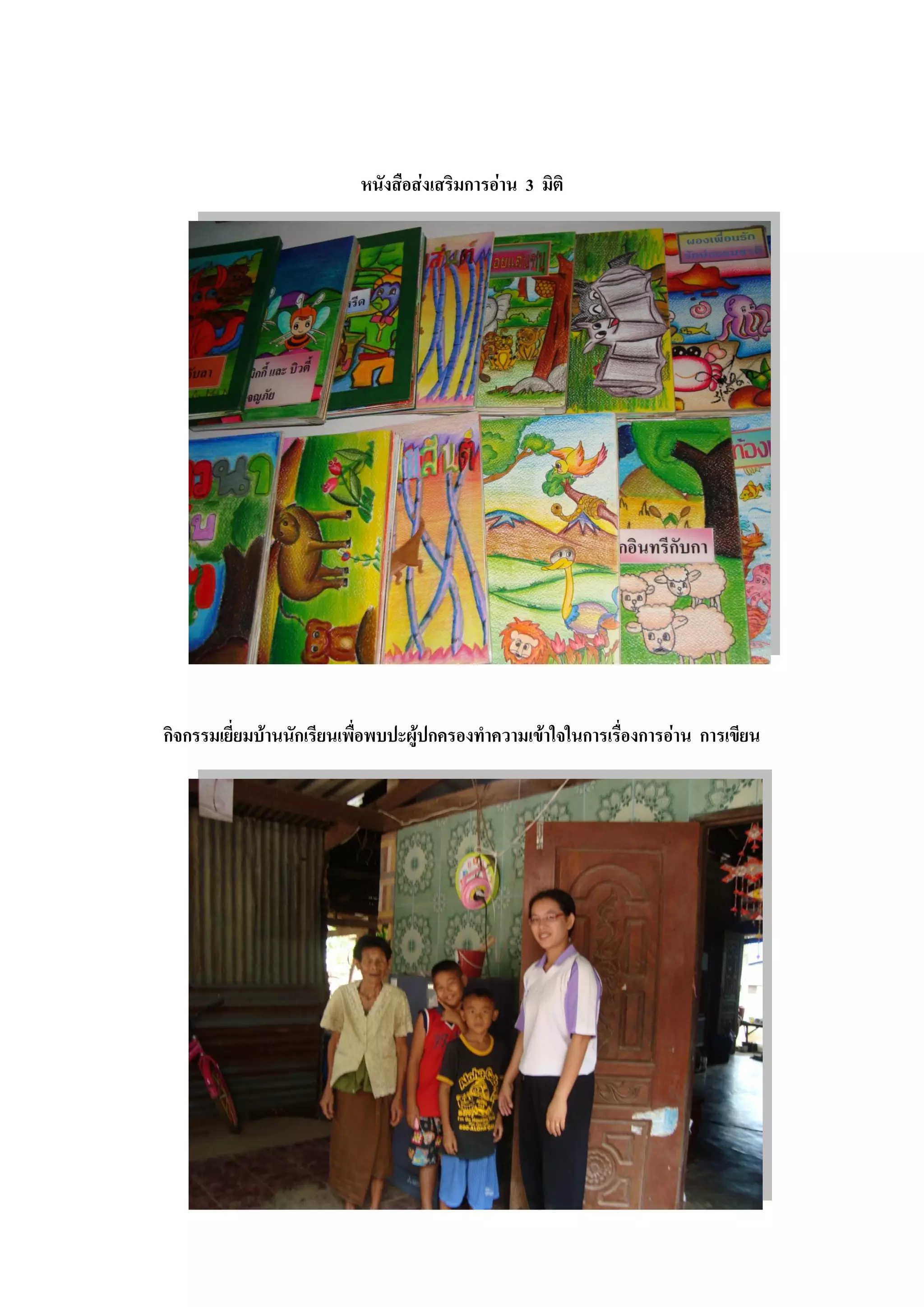 หนังสือส่งเสริมการอ่าน 3 มิติ




กิจกรรมเยี่ยมบ้านนักเรียนเพื่อพบปะผู้ปกครองทาความเข้าใจในการเรื่องการอ่าน การเขียน
 