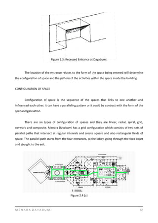   The	
  locaYon	
  of	
  the	
  entrance	
  relates	
  to	
  the	
  form	
  of	
  the	
  space	
  being	
  entered	
  will	
  determine	
  
the	
  conﬁguraYon	
  of	
  space	
  and	
  the	
  pamern	
  of	
  the	
  acYviYes	
  within	
  the	
  space	
  inside	
  the	
  building.	
  
CONFIGURATION	
  OF	
  SPACE	
  
	
   ConﬁguraYon	
   of	
   space	
   is	
   the	
   sequence	
   of	
   the	
   spaces	
   that	
   links	
   to	
   one	
   another	
   and	
  
inﬂuenced	
  each	
  other.	
  It	
  can	
  have	
  a	
  paralleling	
  pamern	
  or	
  it	
  could	
  be	
  contrast	
  with	
  the	
  form	
  of	
  the	
  
spaYal	
  organisaYon.	
  
	
   There	
   are	
   six	
   types	
   of	
   conﬁguraYon	
   of	
   spaces	
   and	
   they	
   are	
   linear,	
   radial,	
   spiral,	
   grid,	
  
network	
  and	
  composite.	
  Menara	
  Dayabumi	
  has	
  a	
  grid	
  conﬁguraYon	
  which	
  consists	
  of	
  two	
  sets	
  of	
  
parallel	
  paths	
  that	
  intersect	
  at	
  regular	
  intervals	
  and	
  create	
  square	
  and	
  also	
  rectangular	
  ﬁelds	
  of	
  
space.	
  The	
  parallel	
  path	
  starts	
  from	
  the	
  four	
  entrances,	
  to	
  the	
  lobby,	
  going	
  through	
  the	
  food	
  court	
  
and	
  straight	
  to	
  the	
  exit.	
  
 
M	
  E	
  N	
  A	
  R	
  A	
  	
  D	
  A	
  Y	
  A	
  B	
  U	
  M	
  I 12
Figure	
  2.3:	
  Recessed	
  Entrance	
  at	
  Dayabumi.	
  
Figure	
  2.4	
  (a)
 