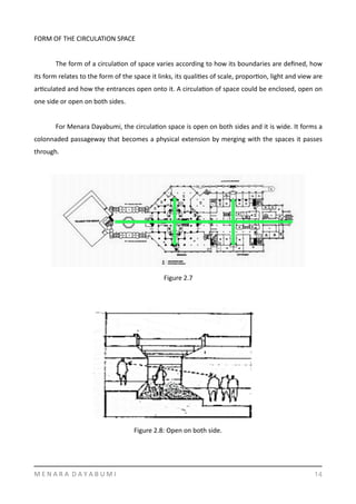 FORM	
  OF	
  THE	
  CIRCULATION	
  SPACE	
  
	
   The	
  form	
  of	
  a	
  circulaYon	
  of	
  space	
  varies	
  according	
  to	
  how	
  its	
  boundaries	
  are	
  deﬁned,	
  how	
  
its	
  form	
  relates	
  to	
  the	
  form	
  of	
  the	
  space	
  it	
  links,	
  its	
  qualiYes	
  of	
  scale,	
  proporYon,	
  light	
  and	
  view	
  are	
  
arYculated	
  and	
  how	
  the	
  entrances	
  open	
  onto	
  it.	
  A	
  circulaYon	
  of	
  space	
  could	
  be	
  enclosed,	
  open	
  on	
  
one	
  side	
  or	
  open	
  on	
  both	
  sides.	
  	
  
	
   For	
  Menara	
  Dayabumi,	
  the	
  circulaYon	
  space	
  is	
  open	
  on	
  both	
  sides	
  and	
  it	
  is	
  wide.	
  It	
  forms	
  a	
  
colonnaded	
  passageway	
  that	
  becomes	
  a	
  physical	
  extension	
  by	
  merging	
  with	
  the	
  spaces	
  it	
  passes	
  
through.	
  
 
M	
  E	
  N	
  A	
  R	
  A	
  	
  D	
  A	
  Y	
  A	
  B	
  U	
  M	
  I 14
Figure	
  2.7
Figure	
  2.8:	
  Open	
  on	
  both	
  side.
 