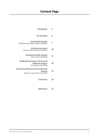 Content	
  Page	
  	
  
M	
  E	
  N	
  A	
  R	
  A	
  	
  D	
  A	
  Y	
  A	
  B	
  U	
  M	
  I 3
IntroducYon	
   4
The	
  Architect 6
Site	
  Context	
  Analysis	
  
(Pablo  Idris  Bin  Badrul  Ilahan  0321895)     7
Architectural	
  Layout	
  
(Nurina  Aida  Bt  Ghizan  0320035)       10
Architectural	
  Style	
  Analysis	
  
(Tan  Jo  Lynn  0318518)         17
Building	
  ConstrucYon,	
  Structure	
  &	
  
Materials	
  Analysis	
  
(Sia  Hong  Jie  0323506)  
24
Architectural	
  Elements	
  &	
  Components	
  
Analysis	
  
(Rozanna  Farah  Ibram  0317967)  
27
Conclusion 36
References 37
 