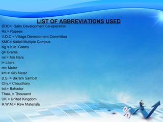 LIST OF ABBREVIATIONS USED
DDC= Dairy Development Co-operation.
Rs.= Rupees
V.D.C.= Village Development Committee
KMC= Kailali Multiple Campus
Kg = Kilo Grams
g= Grams
ml = Mili liters
l= Liters
m= Meter
km = Kilo Meter
B.S. = Bikram Sambat
Chy.= Chaudhary
bd.= Bahadur
Thau. = Thousand
UK = United Kingdom
R.W.M.= Raw Materials
 