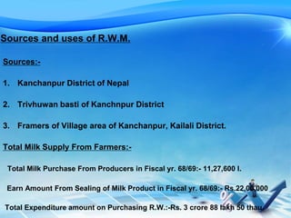 Sources and uses of R.W.M.
Sources:-
1. Kanchanpur District of Nepal
2. Trivhuwan basti of Kanchnpur District
3. Framers of Village area of Kanchanpur, Kailali District.
Total Milk Supply From Farmers:-
Total Milk Purchase From Producers in Fiscal yr. 68/69:- 11,27,600 l.
Earn Amount From Sealing of Milk Product in Fiscal yr. 68/69:- Rs.22,00,000
Total Expenditure amount on Purchasing R.W.:-Rs. 3 crore 88 lakh 50 thau.
 