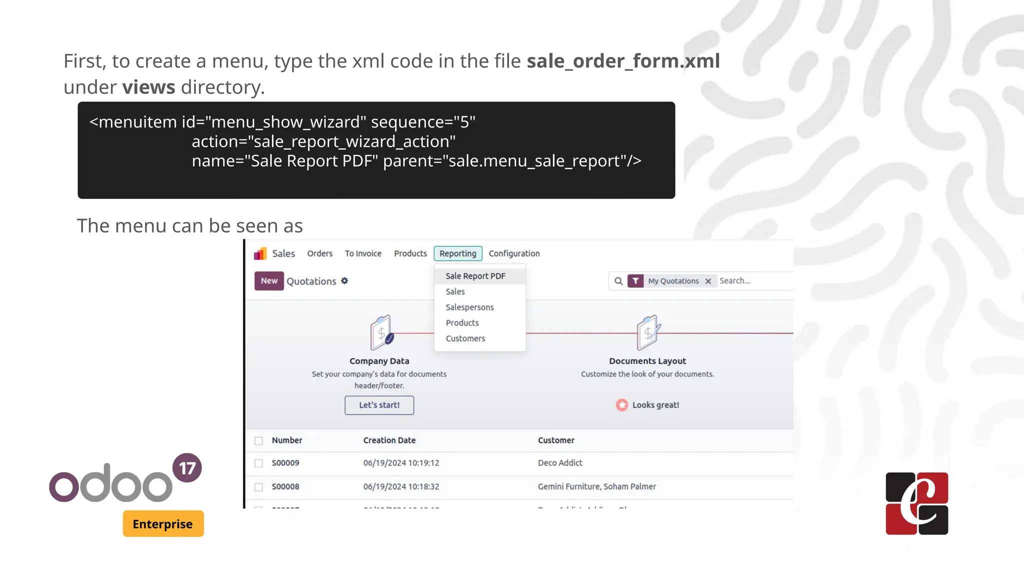Enterprise
First, to create a menu, type the xml code in the file sale_order_form.xml
under views directory.
<menuitem id="menu_show_wizard" sequence="5"
action="sale_report_wizard_action"
name="Sale Report PDF" parent="sale.menu_sale_report"/>
The menu can be seen as
 