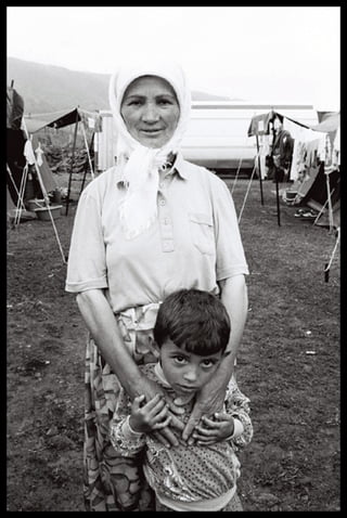 Kosovar refugee camp; Mother and son portrait