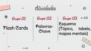 Grupo 01
Flash Cards
Atividades
Grupo 02
Palavras-
Chave
Grupo 03
Esquema
(Tópico, tabela,
mapas mentais)
 
