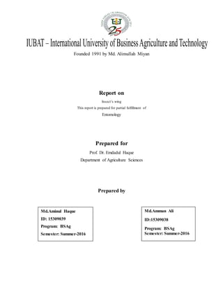 Founded 1991 by Md. Alimullah Miyan
Report on
Insect’s wing
This report is prepared for partial fulfillment of
Entomology
Prepared for
Prof. Dr. Emdadul Haque
Department of Agriculture Sciences
Prepared by
Md.Amman Ali
ID:15309038
Program: BSAg
Semester: Summer-2016
Md.Aminul Haque
ID: 15309039
Program: BSAg
Semester: Summer-2016
 