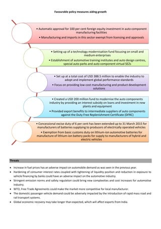 Favourable policy measures aiding growth
Threats
 Increase in fuel prices has an adverse impact on automobile demand as was seen in the previous year.
 Hardening of consumer interest rates coupled with tightening of liquidity position and reduction in exposure to
vehicle financing by banks could have an adverse impact on the automotive industry.
 Stringent emission norms and safety regulation could bring new complexities and cost increases for automotive
industry.
 WTO, Free Trade Agreements could make the market more competitive for local manufacturer.
 The domestic passenger vehicle demand could be adversely impacted by the introduction of rapid mass road and
rail transport systems.
 Global economic recovery may take longer than expected, which will affect exports from India.
• Automatic approval for 100 per cent foreign equity investment in auto component
manufacturing facilities
• Manufacturing and imports in this sector exempt from licensing and approvals
• Setting up of a technology modernisation fund focusing on small and
medium enterprises
• Establishment of automotive training institutes and auto design centres,
special auto parks and auto component virtual SEZs
• Set up at a total cost of USD 388.5 million to enable the industry to
adopt and implement global performance standards
• Focus on providing low-cost manufacturing and product development
solutions
• Created a USD 200 million fund to modernise the auto components
industry by providing an interest subsidy on loans and investment in new
plants and equipment
• Provided export benefits to intermediate suppliers of auto components
against the Duty Free Replenishment Certificate (DFRC)
• Concessional excise duty of 6 per cent has been extended up to 31 March 2015 for
manufacturers of batteries supplying to producers of electrically operated vehicles
• Exemption from basic customs duty on lithium-ion automotive batteries for
manufacture of lithium-ion battery packs for supply to manufacturers of hybrid and
electric vehicles
 