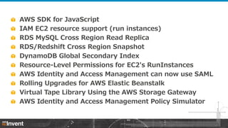 AWS SDK for JavaScript
IAM EC2 resource support (run instances)
RDS MySQL Cross Region Read Replica
RDS/Redshift Cross Region Snapshot
DynamoDB Global Secondary Index
Resource-Level Permissions for EC2's RunInstances
AWS Identity and Access Management can now use SAML
Rolling Upgrades for AWS Elastic Beanstalk
Virtual Tape Library Using the AWS Storage Gateway
AWS Identity and Access Management Policy Simulator

 