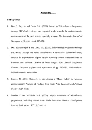 Annexure – I
Bibliography:
1.

Das, S; Dey, A and Dutta, S.K. (2009). Impact of Microfinance Programme
through SHG-Bank Linkage: An empirical study towards the socio-economic
empowerment of the rural people, especially women. The Annamalai Journal of
Management (Special Issue), 113-124.

2.

Das, S; Mukherjee, S and Dutta, S.K. (2009). Microfinance programme through
SHG-Bank Linkage and Rural Development: A micro-level comparitive study
towards the empowerment of poor people, especially women in the rural areas of
Burdwan and Birbhum Districts of West Bengal. 92nd Annual Conference
Volume; Structural Reforms and Agriculture. II, pp. 217-236. Bhubaneshwar:
Indian Economic Association.

3.

Kabeer, N. (2005, October). Is microfinance a 'Magic Bullet' for women's
empowerment?: Analysis of Findings from South Asia. Economic and Political
Weekly , 4709-4718.

4.

Makina, D and Malobola, M.L. (2004). Impact assessment of microfinance
programmes, including lessons from Khula Enterprise Finance. Development
Bank of South Africa , XXI (5), 799-814.

 