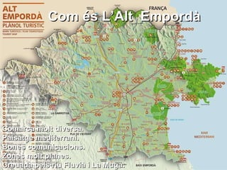 Com és  l’Alt  Empordà Comarca molt diversa. Paisatge mediterrani. Bones comunicacions. Zones molt planes. Creuada pels riu Fluvià i La Muga. Com és  l’Alt  Empordà Com és L’Alt  Empordà Comarca molt diversa. Paisatge mediterrani. Bones comunicacions. Zones molt planes. Creuada pels riu Fluvià i La Muga. 