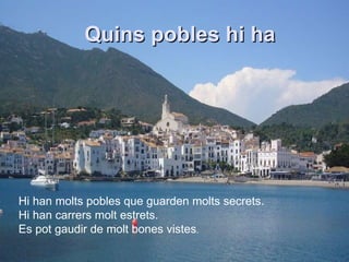 Quins pobles hi ha Hi han molts pobles que guarden molts secrets. Hi han carrers molt estrets. Es pot gaudir de molt bones vistes . 