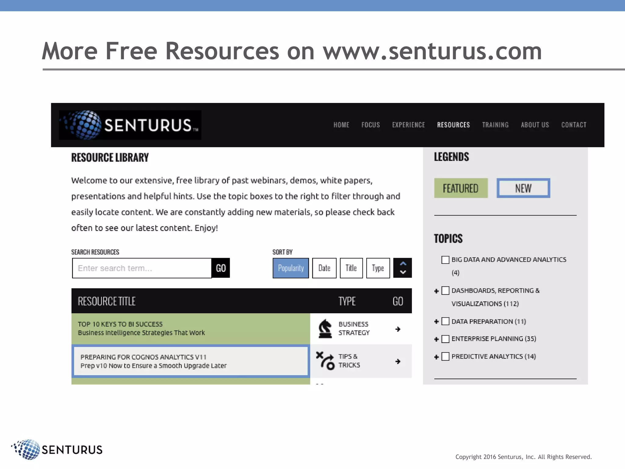 More Free Resources on www.senturus.com
Copyright 2016 Senturus, Inc. All Rights Reserved.
 