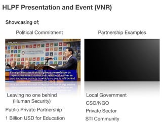 HLPF Presentation and Event (VNR)
Political Commitment Partnership Examples
Showcasing of;
Leaving no one behind 

(Human Security)
Public Private Partnership
1 Billion USD for Education
Local Government
Private Sector
CSO/NGO
STI Community
 