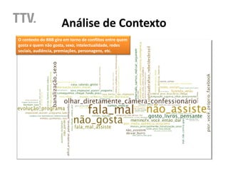 Análise de Contexto
O contexto do BBB gira em torno de conflitos entre quem
gosta e quem não gosta, sexo, intelectualidade, redes
sociais, audiência, premiações, personagens, etc.
 