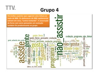 Grupo 4
Há muitos usuários que sugerem uma leitura ao
invés de BBB. Os defensores do BBB rapidamente
entram em cena, “contra-twitando”. A associação
de livros com seres pensantes em evolução
também foi predominante no grupo.
 