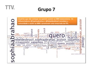 Grupo 7
Usuários que vão começar ou querem assistir ao BBB (newcomers). Os
influenciadores @Sophiaabrahao e @RebeldesBrasil convidam a
comunidade a assitir ao BBB e promovem uma enxurrada de RTs.
 