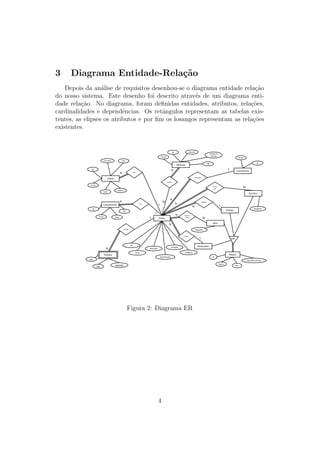 3 Diagrama Entidade-Rela¸c˜ao
Depois da an´alise de requisitos desenhou-se o diagrama entidade rela¸c˜ao
do nosso sistema. Este desenho foi descrito atrav´es de um diagrama enti-
dade rela¸c˜ao. No diagrama, foram deﬁnidas entidades, atributos, rela¸c˜oes,
cardinalidades e dependˆencias. Os retˆangulos representam as tabelas exis-
tentes, as elipses os atributos e por ﬁm os losangos representam as rela¸c˜oes
existentes.
Pessoa
Companhia
Escritor
Realizador
Ator
ID
Foto
Data Nascimento
Nome
Diretor
Biografia
Biografia
Tipo
Ano
Descrição
ID
Data
País
Titulo
Nome
ID
Titulo
ID
Duração URL
Data
Idioma
Titulo
ID Género
Interprete
/ Banda
URL
Titulo
Descrição
Classificação
Duração
ID
Prémio
ganhou
Lançamento
tem
Trailer
tem
Músicas
escrito
por
produzido
contém
dirigido
represe
ntado
criado
N
1
1
N
N
1
M
N
N
N
N
M
1
M
N
N
1
1
Filme
Categoria
Figura 2: Diagrama ER
4
 