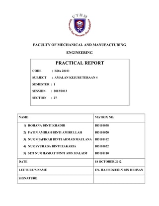 FACULTY OF MECHANICAL AND MANUFACTURING

                           ENGINEERING

                      PRACTICAL REPORT
       CODE       : BDA 28101

       SUBJECT    : AMALAN KEJURUTERAAN 4

       SEMESTER : 1

       SESSION   : 2012/2013

       SECTION   : 27




NAME                                     MATRIX NO.

  1) ROHANA BINTI KHADIR                 DD110058

  2) FATIN AMIRAH BINTI AMIRULLAH        DD110020

  3) NUR SHAFIKAH BINTI AHMAD MAULANA    DD110102

  4) NUR SYUHADA BINTI ZAKARIA           DD110052

  5) SITI NUR HASRAT BINTI ABD. HALAIM   DD110110

DATE                                     18 OCTOBER 2012

LECTURE’S NAME                           EN. HAFFIDZUDIN BIN HEHSAN

SIGNATURE
 