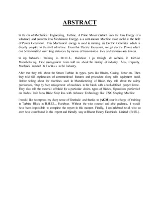 Turbine manufacturing at BHEL Haridwar | DOCX