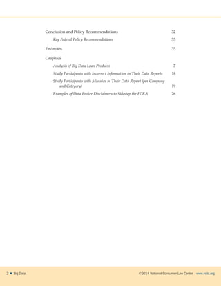 ©2014 National Consumer Law Center  www.nclc.org2    Big Data
Conclusion and Policy Recommendations	 32
Key Federal Policy Recommendations	33
Endnotes	35
Graphics
Analysis of Big Data Loan Products	7
Study Participants with Incorrect Information in Their Data Reports	18
Study Participants with Mistakes in Their Data Report (per Company
and Category)	19
Examples of Data Broker Disclaimers to Sidestep the FCRA	26
 