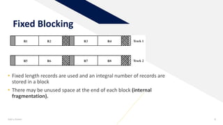 Add a footer 8
Fixed Blocking
• Fixed length records are used and an integral number of records are
stored in a block
• There may be unused space at the end of each block (internal
fragmentation).
 