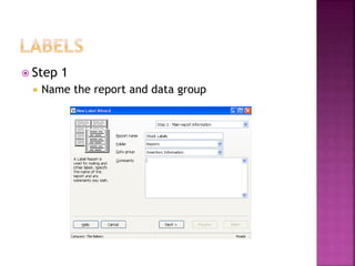  Step 1
 Name the report and data group
 