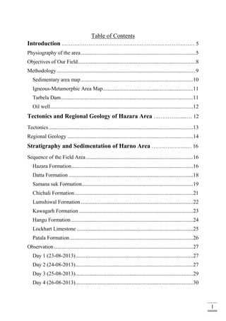 1
Table of Contents
Introduction ………………………………………………………………… 5
Physiography of the area.......................................................................................5
Objectives of Our Field.........................................................................................8
Methodology .........................................................................................................9
Sedimentary area map.....................................................................................10
Igneous-Metamorphic Area Map....................................................................11
Tarbela Dam....................................................................................................11
Oil well............................................................................................................12
Tectonics and Regional Geology of Hazara Area …………….....… 12
Tectonics .............................................................................................................13
Regional Geology ...............................................................................................14
Stratigraphy and Sedimentation of Harno Area ………………..… 16
Sequence of the Field Area.................................................................................16
Hazara Formation............................................................................................16
Datta Formation ..............................................................................................18
Samana suk Formation....................................................................................19
Chichali Formation .........................................................................................21
Lumshiwal Formation.....................................................................................22
Kawagarh Formation ......................................................................................23
Hangu Formation ............................................................................................24
Lockhart Limestone ........................................................................................25
Patala Formation .............................................................................................26
Observation .........................................................................................................27
Day 1 (23-08-2013).........................................................................................27
Day 2 (24-08-2013).........................................................................................27
Day 3 (25-08-2013).........................................................................................29
Day 4 (26-08-2013).........................................................................................30
 