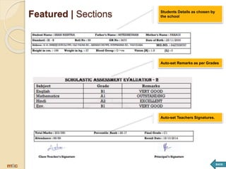 BACK
Featured | Sections
Auto-set Remarks as per Grades
Students Details as chosen by
the school
Auto-set Teachers Signatures.
 