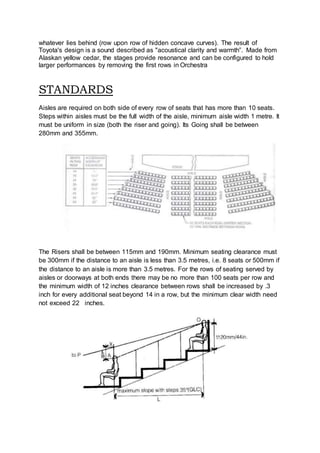 whatever lies behind (row upon row of hidden concave curves). The result of
Toyota's design is a sound described as "acoustical clarity and warmth”. Made from
Alaskan yellow cedar, the stages provide resonance and can be configured to hold
larger performances by removing the first rows in Orchestra
STANDARDS
Aisles are required on both side of every row of seats that has more than 10 seats.
Steps within aisles must be the full width of the aisle, minimum aisle width 1 metre. It
must be uniform in size (both the riser and going). Its Going shall be between
280mm and 355mm.
The Risers shall be between 115mm and 190mm. Minimum seating clearance must
be 300mm if the distance to an aisle is less than 3.5 metres, i.e. 8 seats or 500mm if
the distance to an aisle is more than 3.5 metres. For the rows of seating served by
aisles or doorways at both ends there may be no more than 100 seats per row and
the minimum width of 12 inches clearance between rows shall be increased by .3
inch for every additional seat beyond 14 in a row, but the minimum clear width need
not exceed 22 inches.
 